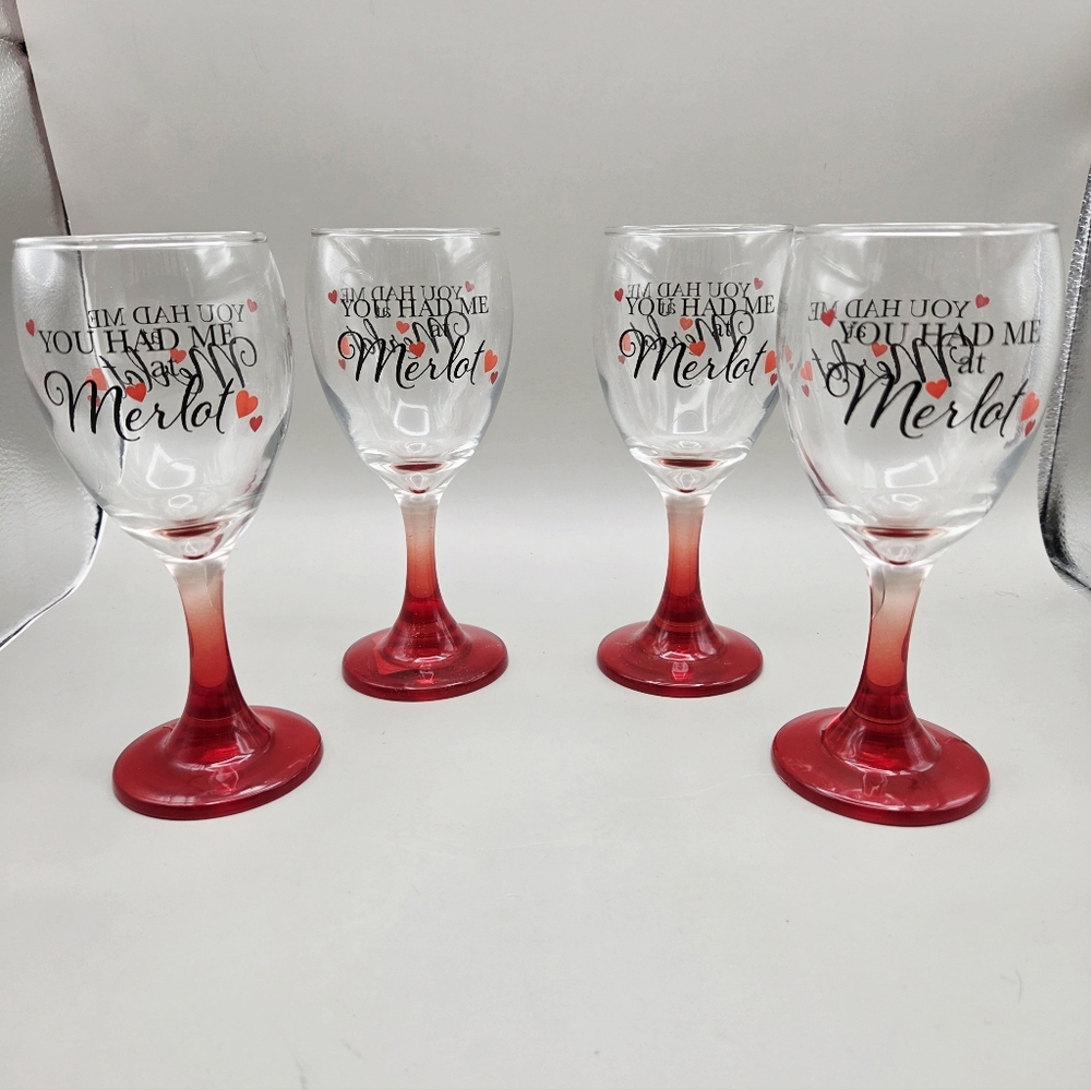 Cristar Red Stem Wine Goblets " You Had Me At Merlot",  Set of 4 - Picture 4 of 7